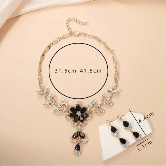 Gold Filled Black Floral CZ Necklace Set - Picture 4 of 4